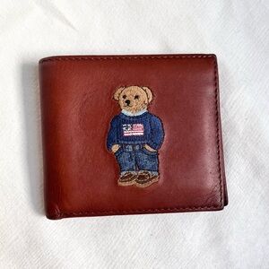 Polo Ralph Lauren Preppy bear leather bi fold wallet brown